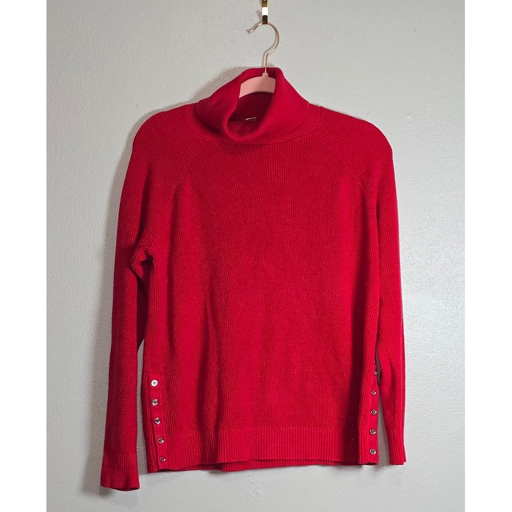 Michael Kors Red Waffle Knit Turtleneck Sweater Side Button Accents XL classic